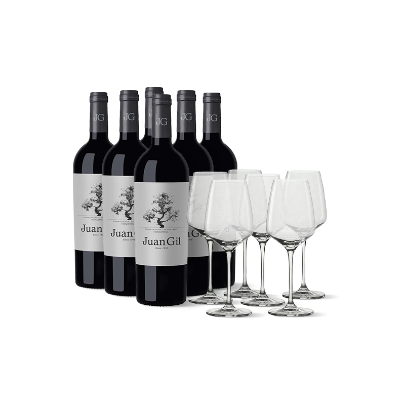 Bottle of 6 bottles Juan Gil Silver Label 12 meses + 6 glasses Wine bottles and glasses