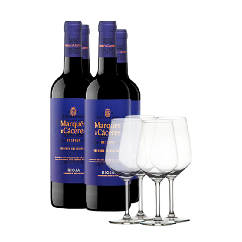 Bottle of 4 bottle Marqués de Cáceres Reserva 2020 + 4 glasses Wine bottles and glasses 2020